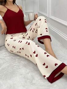 DUSKBASE Color Block Heart Print V-Neck Cami & Pants Pajama Set - Red and White - View 4