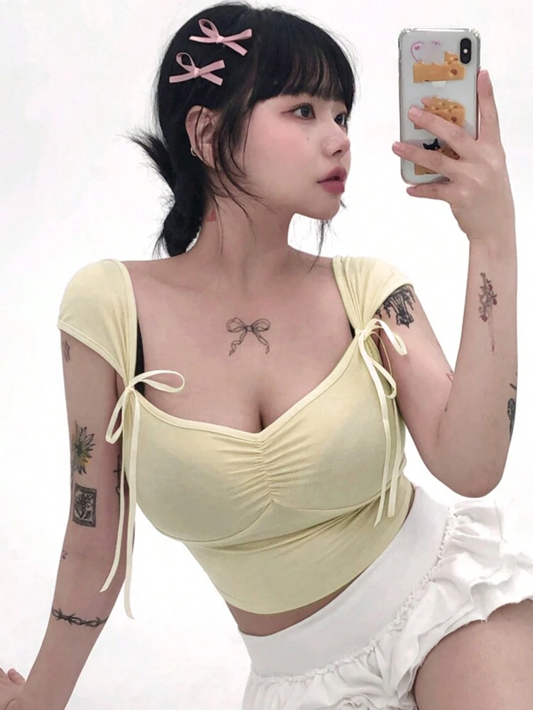 Ladies Solid Color Round Neck 2pcs T-Shirt Set