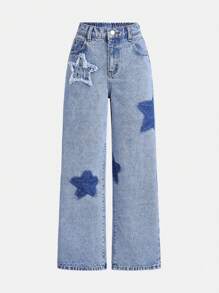 SHEIN Girlism Tween Girls' Cute Starry Pattern Washed Straight-Leg Jeans - Medium Wash - View 1