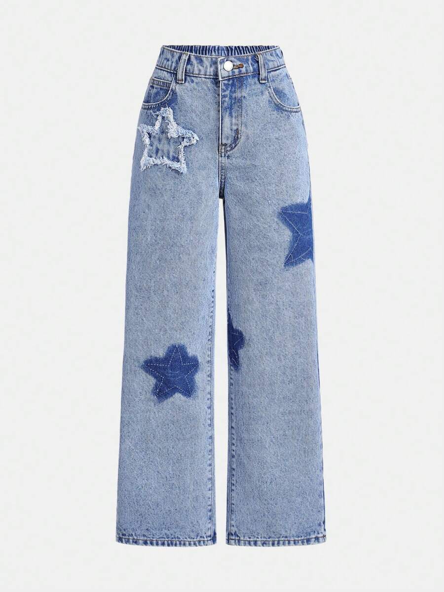 SHEIN Girlism Tween Girls' Cute Starry Pattern Washed Straight-Leg Jeans - Medium Wash - View 1