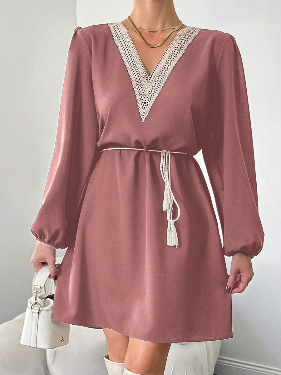 EURMUSE Women's Lace Patchwork Lantern Sleeve Belted Dress - Dusty Pink - View 1