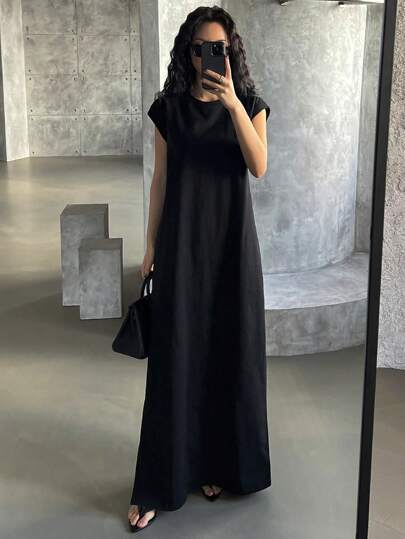 DAZY 女士纯色圆领盖袖开衩裙太阳裙，休闲女装