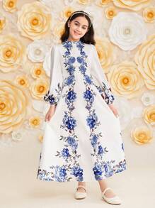 SHEIN Leap Crew Cô gái Tween Đáng yêu Đứng cổ áo Dài In hoa Đầm Tunic Với Tay áo đèn lồng , Thích hợp Đối với Kỳ nghỉ - Nhiều màu - Xem 3