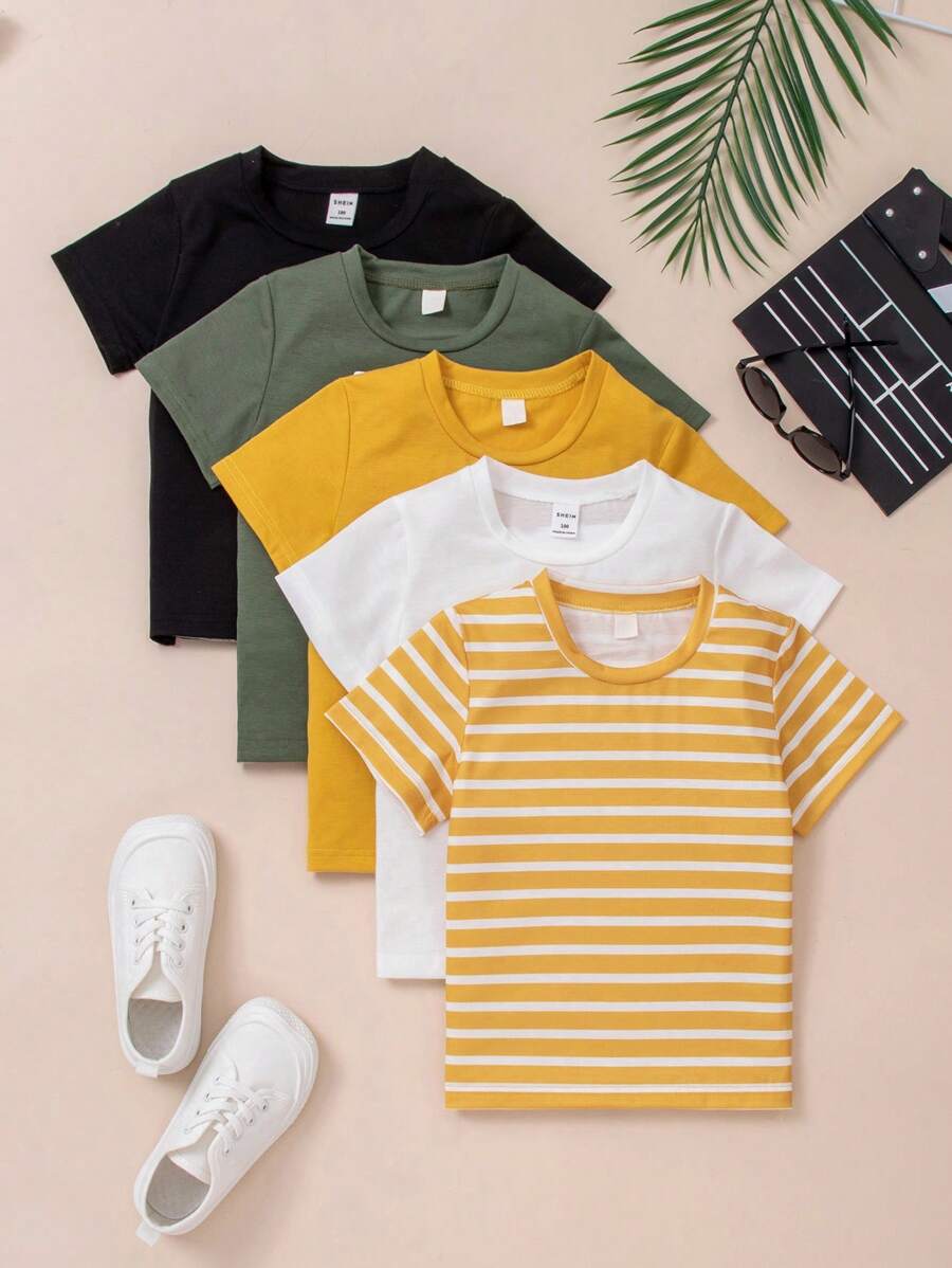 SHEIN Explorewe Set Of 5 Round Neck Short Sleeve T-Shirts For Young Boys, School, Campus, College Summer Holiday - Multicolor - View 1