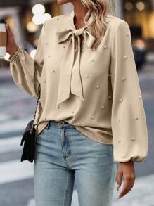 EMERY ROSE Tie Neck Pearls Beaded Lantern Sleeve Blouse - Apricot - View 3