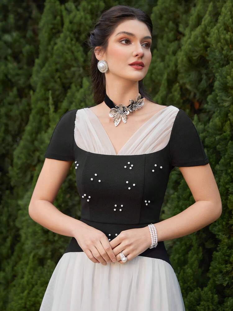 Ladies' Colorblock Jewel Embellished Dress Long Evening Dresses