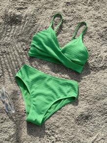 SHEIN Teen Girl Knitted Jacquard Bikini Set, Solid Color Casual Two-Piece Set, Vocation Bikini Set Summer Beach