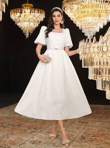 Modelyn Women's Square Neck Short Puff Sleeve Dress - White - View 8