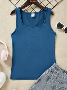 SHEIN Teen Girl dệt kim cổ vuông thông thường cho mùa hè để mặc hàng ngày - Màu xanh ngọc - Xem 1