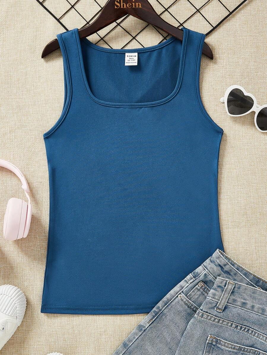 SHEIN Teen Girl dệt kim cổ vuông thông thường cho mùa hè để mặc hàng ngày - Màu xanh ngọc - Xem 1