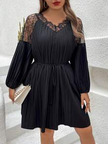 Calvaya Plus Size Lace Patchwork Pleated Dress - Black - View 1