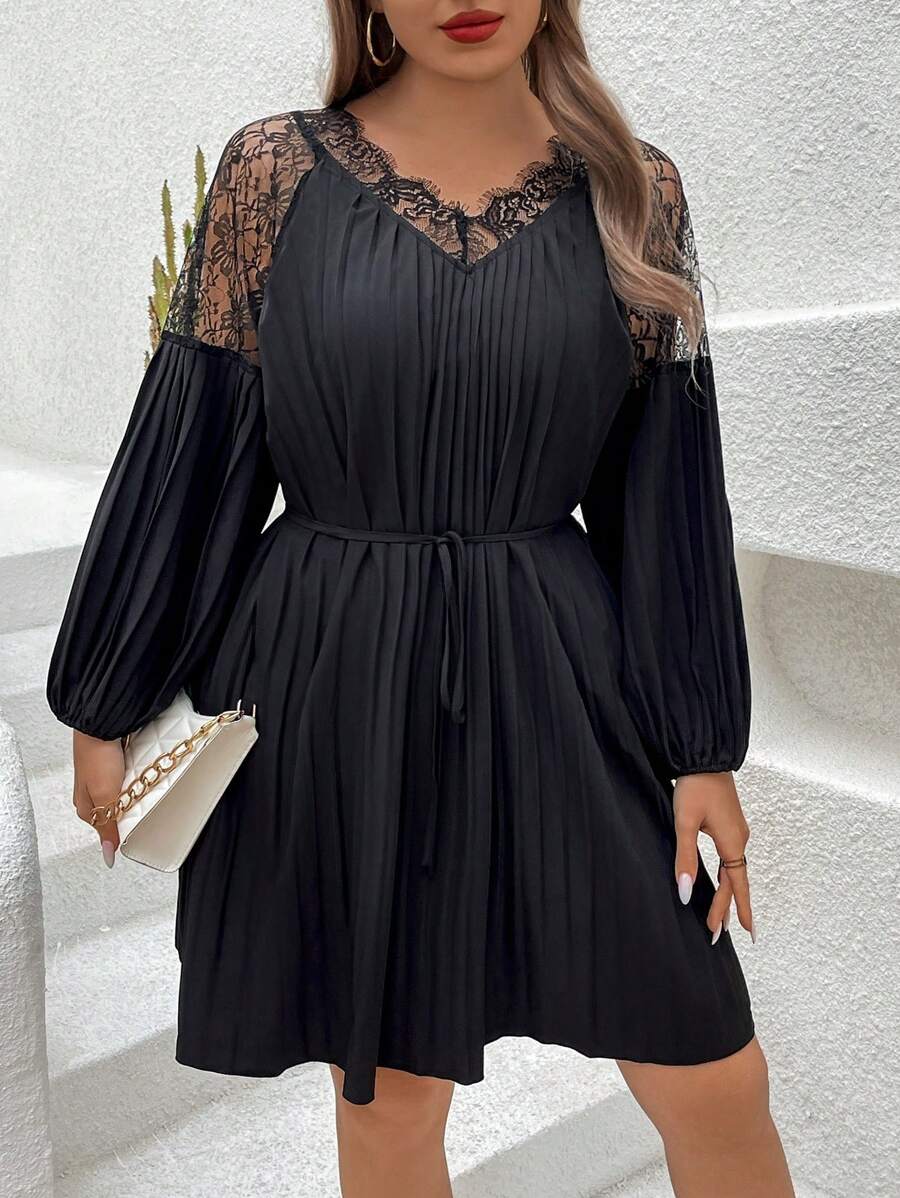 Calvaya Plus Size Lace Patchwork Pleated Dress - Black - View 1