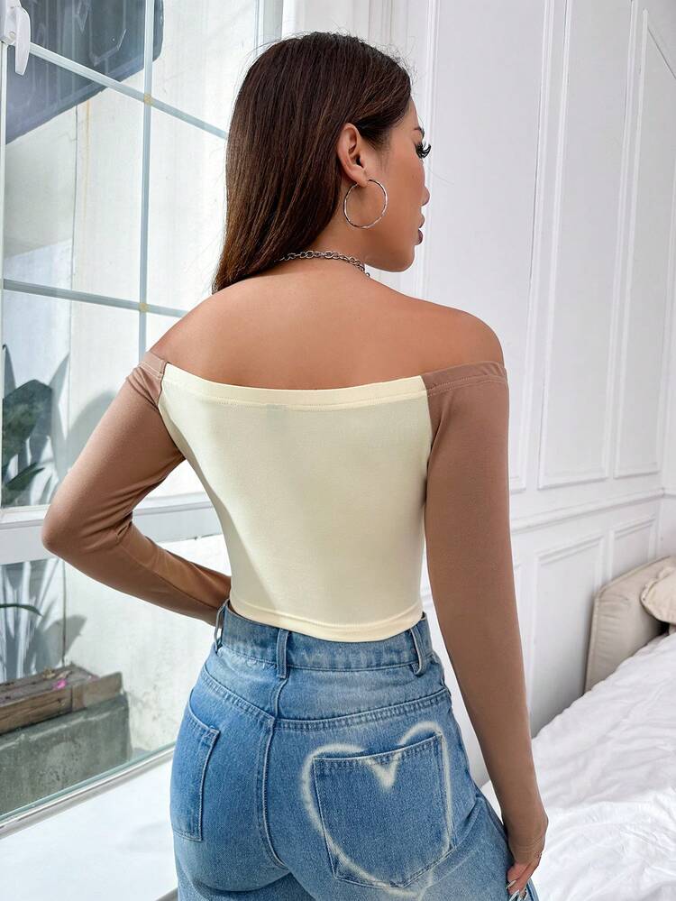 Off Shoulder Color Block T-Shirt
