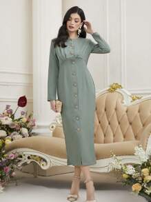 Modelyn Solid Color Button Through Long Sleeve Dress - Green - View 1