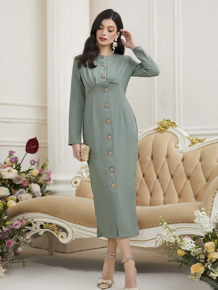 Modelyn Solid Color Button Through Long Sleeve Dress - Green - View 1