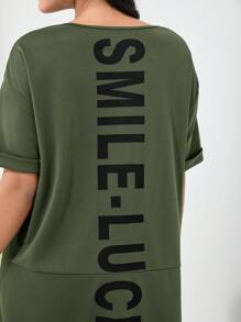 Mulvari Women's Letter Print Drop Shoulder Loose Fit Dress - Army Green - View 6