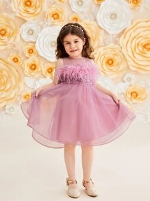 SHEIN Young Girl's Spliced Glamorous Sleeveless Mesh Dress - Purple - View 1