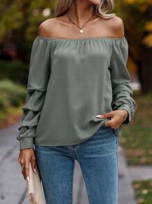 SHEIN Clasi Off Shoulder Solid Blouse - Grey - View 3