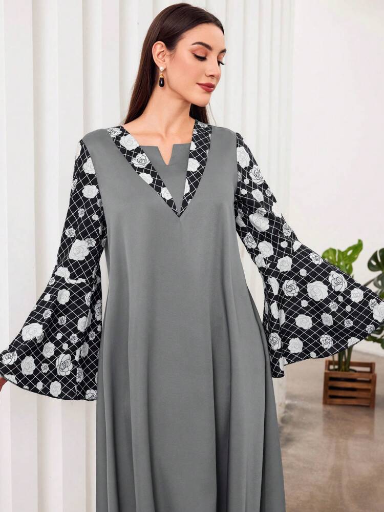 Plaid Flower Print Patchwork Bell Sleeve Dress