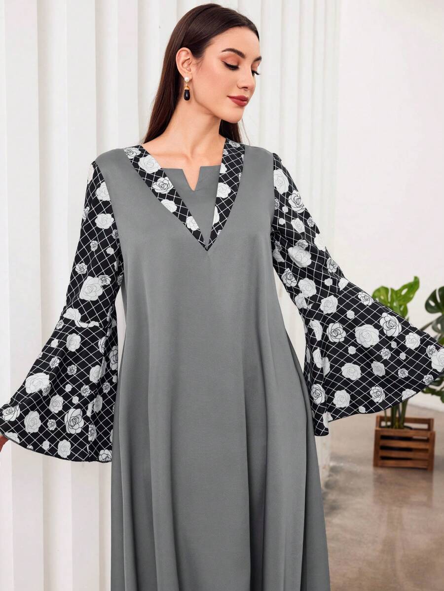 Al Najma Plaid Flower Print Patchwork Bell Sleeve Dress - Grey - View 1