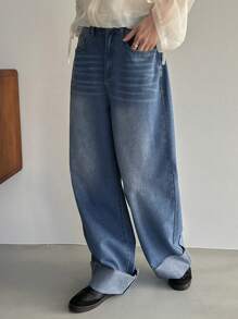 FRIFUL Flared Leg Denim Pants With Cuffed Hem,Baggy Jeans - Light Wash - View 6