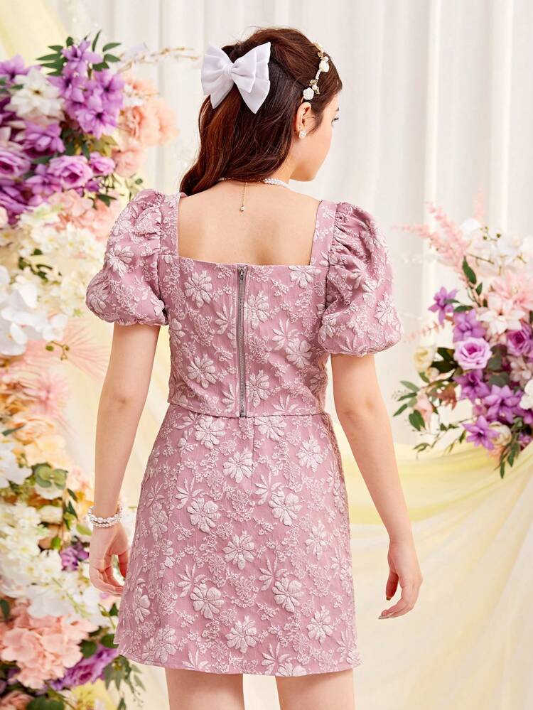 Teen Girl Woven Jacquard Puff Sleeve Square Neckline Bow Decor Shirt With Slit Hem Skirt Casual 2pcs Outfits