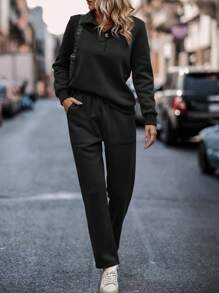 SHEIN LUNE Half Zip Sweatshirt & Drawstring Waist Sweatpants - Black - View 1
