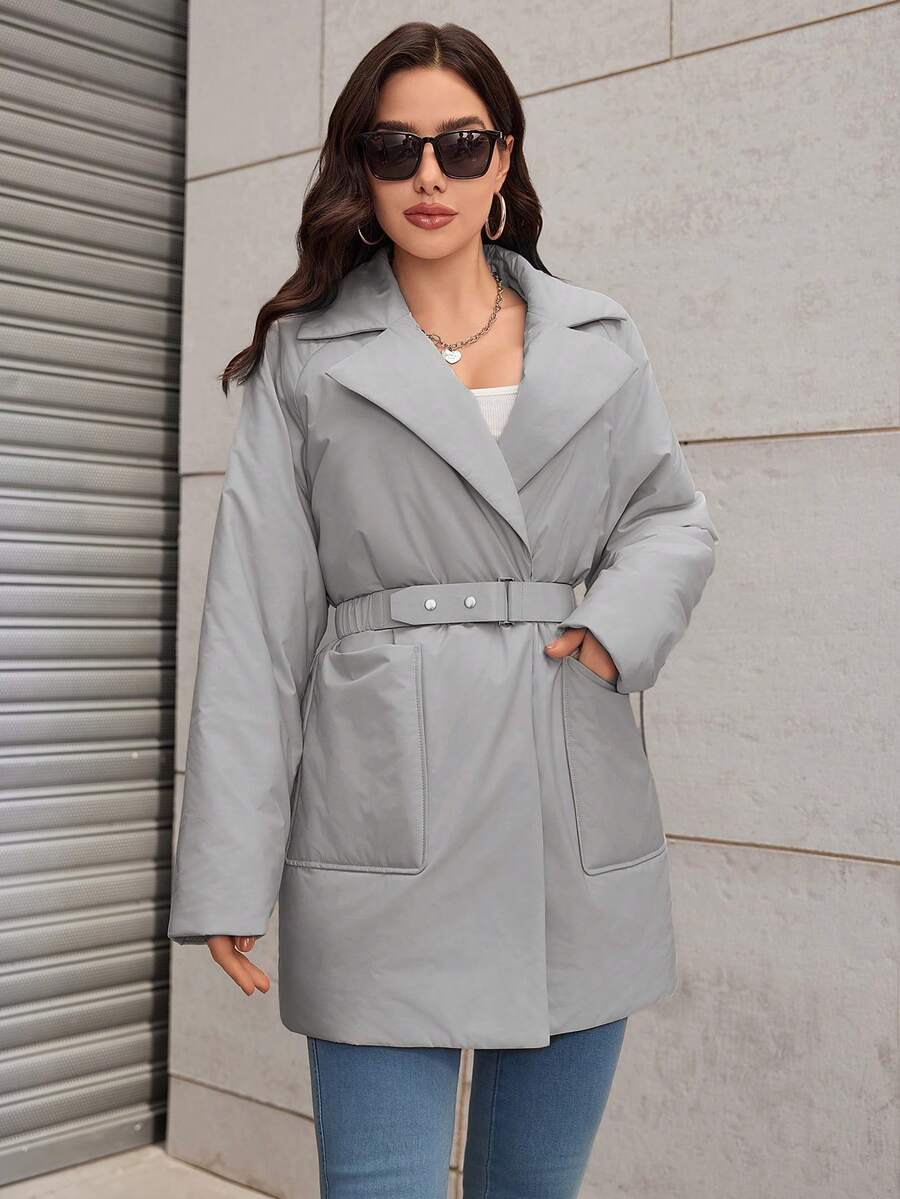 女士灰色翻领长袖棉衣