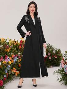 Al Najma 串珠装饰披肩领长袍夹克，穆斯林时尚长袍，适合休闲/节日/聚会/旅行 - 黑色 - 查看 3