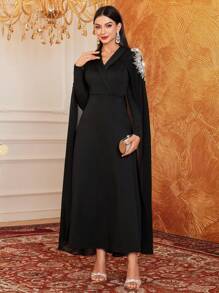 Modelyn Women's V-Neck Cape Sleeve Overlay Evening Dress Adorned With Rhinestones & Faux Pearl,Elegant Evening Party Maxi Modest Long Sleeve Dress Long Evening Dresses