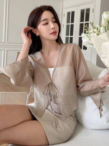 DAZY Áo cánh công sở rộng rãi buộc dây phía trước dài tay mùa thu cho nữ - Màu Khaki - Xem 7