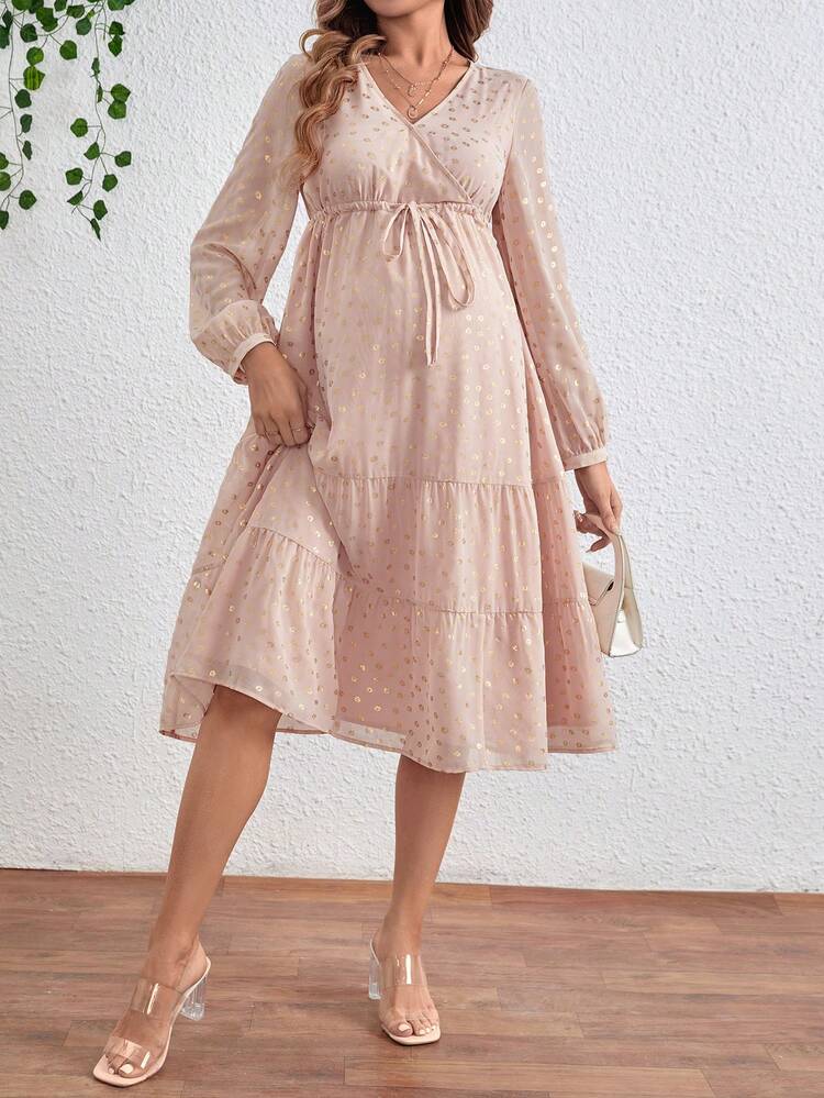 Maternity Surplice Neck Drawstring Waist Ruffle Hem Dress