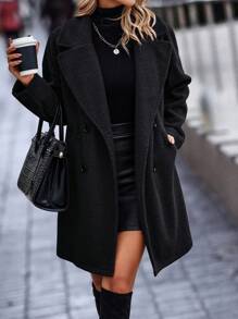 SHEIN LUNE 西裝領雙排釦絨毛外套 - 黑色 - 查看 1