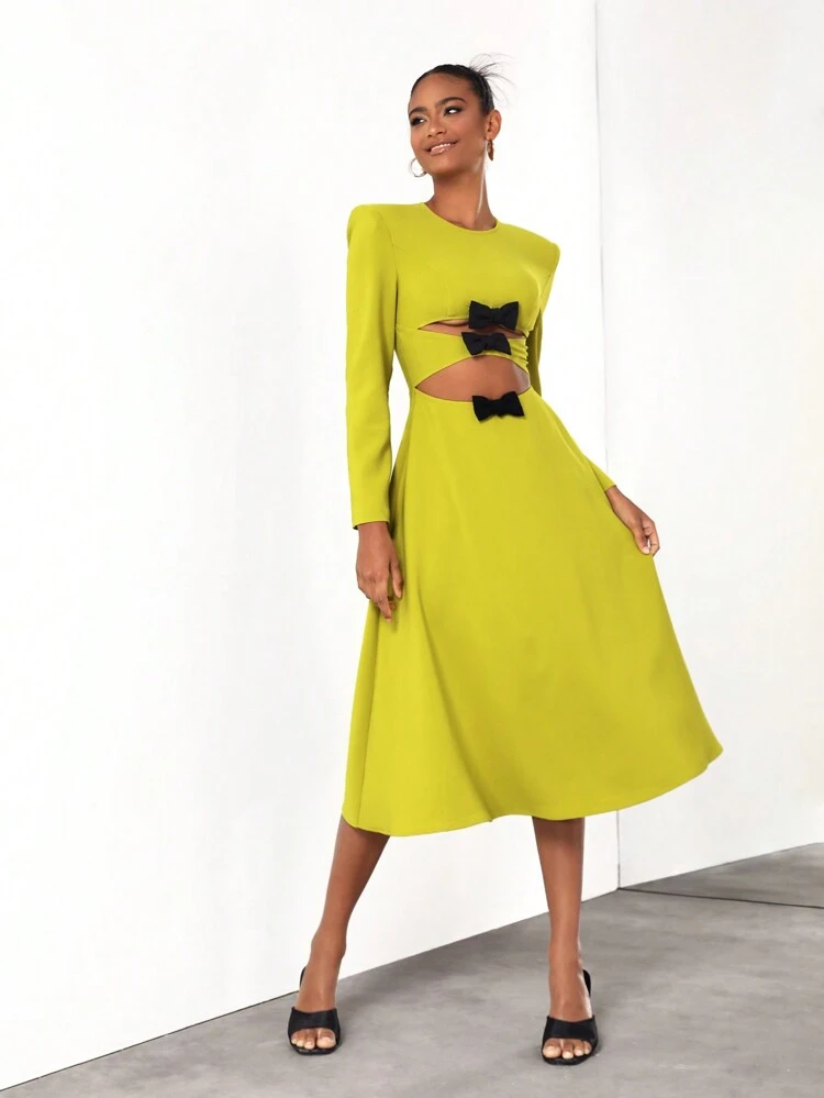 Designer Long Sleeve Wide Strap Hollow Out Bowknot Detail Elegant Dress, Sundress For Holiday, Party, Vacation, Birthday Outfits, Spring & Summer, Festival, Ibiza Fits, Wedding Prom Dress