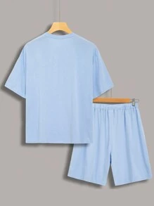 SHEIN Leap Crew Teen Boy Leisure Simple Front Print Los Angeles Short Sleeve T-Shirt And Sports Shorts Knitted Two-Piece Set, Spring And Summer - Baby Blue - View 2