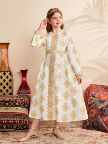 SHEIN Leap Crew Tween Girls合身漸寬花卉印花裙配圓領 - 彩色 - 查看 6