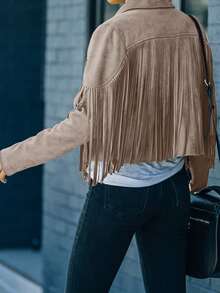 Astylish 女士西部风长袖流苏前开襟仿麂皮机车夹克 - 米色 - 查看 2