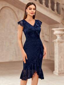MIUSOL V-Neck Full Lace Ruffle Mermaid Hem Cocktail Party Bodycon Dress Elegant Prom Semi Formal Wedding Guest Dress, For Birthday, Graduation, Dinner, Homecoming - Navy Blue - View 6