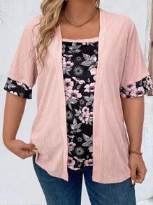 EMERY ROSE Floral Print Plus Size Splice Shirt - Watermelon Pink - View 1