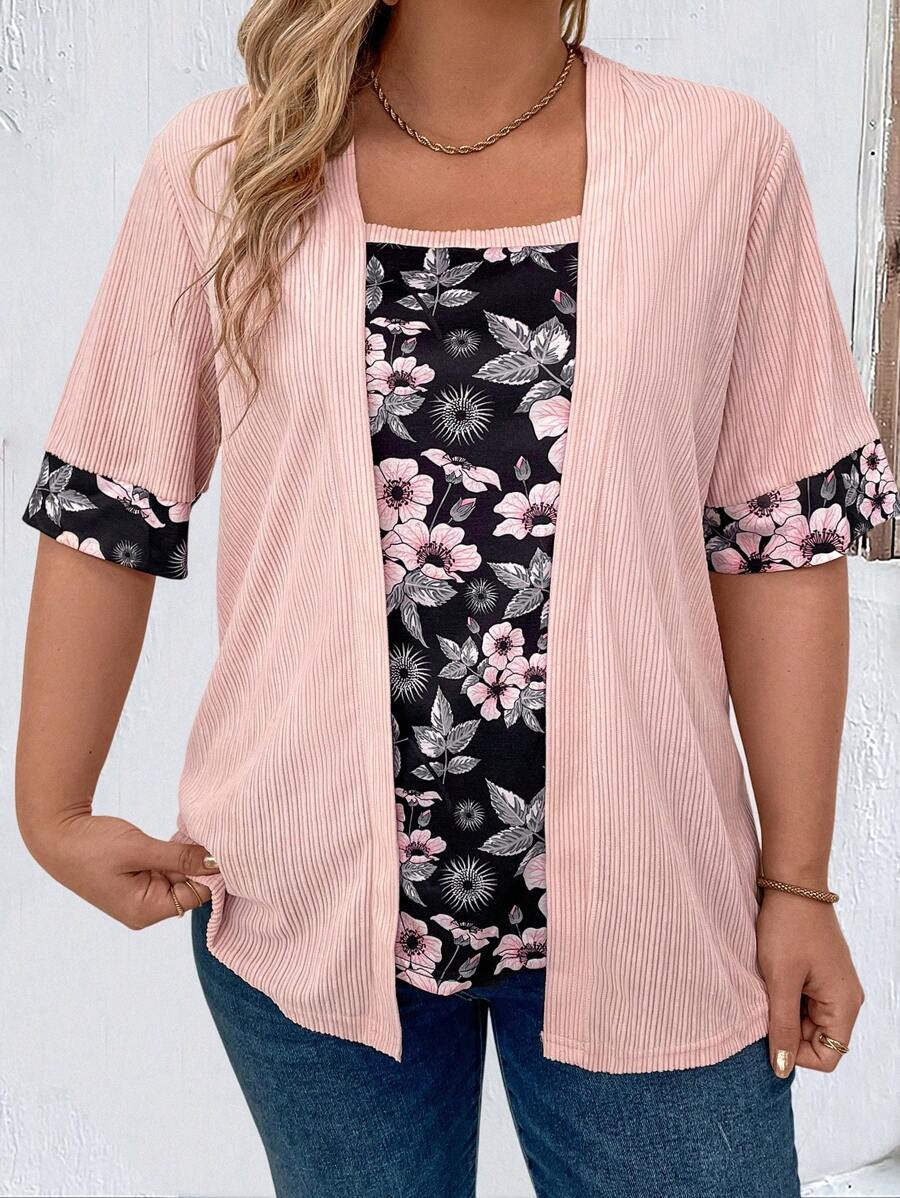 EMERY ROSE Floral Print Plus Size Splice Shirt - Watermelon Pink - View 1