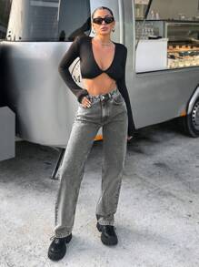 EURMUSE Ladies' Straight Fit Contrast Stitching Jeans - Grey - View 5