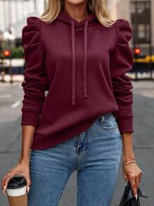 SHEIN Clasi Solid Gigot Sleeve Drawstring Hoodie Pullover Fall Sweatshirt - Burgundy - View 1