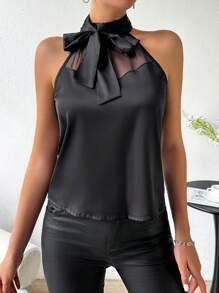 Chiquease Blouse Sans Manches En Filet À Col Halter Avec Design Drapé En Couleur Unie Pour Femme - Noir - Voir 3