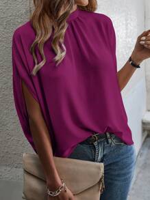 EMERY ROSE Tie Back Batwing Sleeve Solid Blouse - Red Violet - View 4