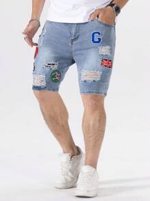 Manfinity EMRG Nam Kích thước lớn Quần jean rách Quần short Với In Vá lại - Rửa nhẹ - Xem 4