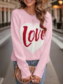 SHEIN LUNE Plus Size Hearts And Letter Pattern Raglan Long-Sleeve Sweater Knit Pullover Fall Winter - Pink - View 3