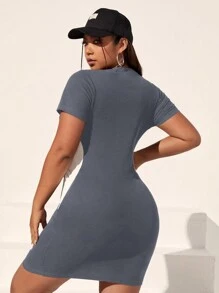 SHEIN EZwear 大尺碼顏色塊開叉前短後長修身連身裙,裙擺裝飾 - 深灰色 - 查看 2