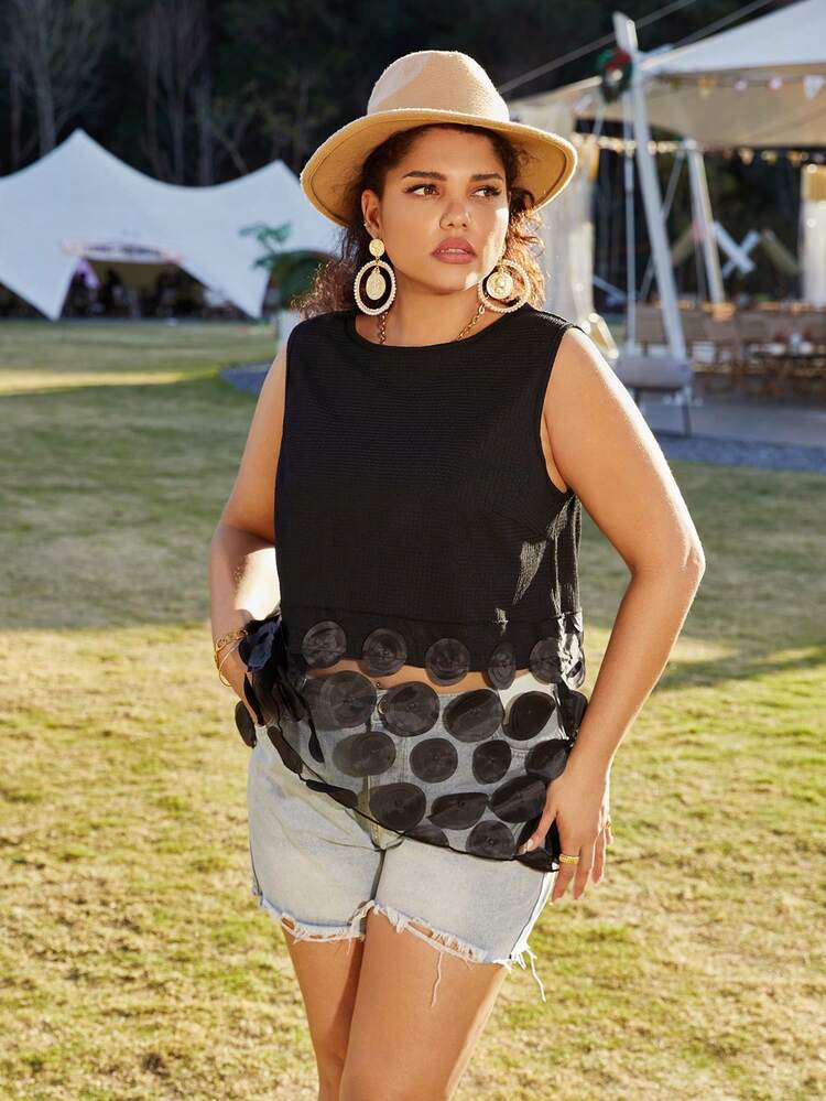 Plus Size Contrast Mesh Camisole Top With Unique Design And Casual Style