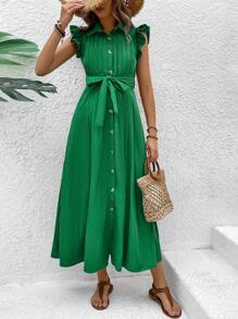 SHEIN VCAY Belted Shirt Dress With Ruffle Detail - Green - View 5