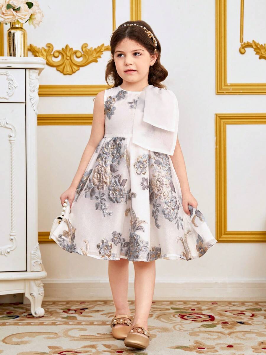 SHEIN Young Girl Leisure Round Neck Bow Decor & Bowknot Print Patchwork Dress - White - View 1